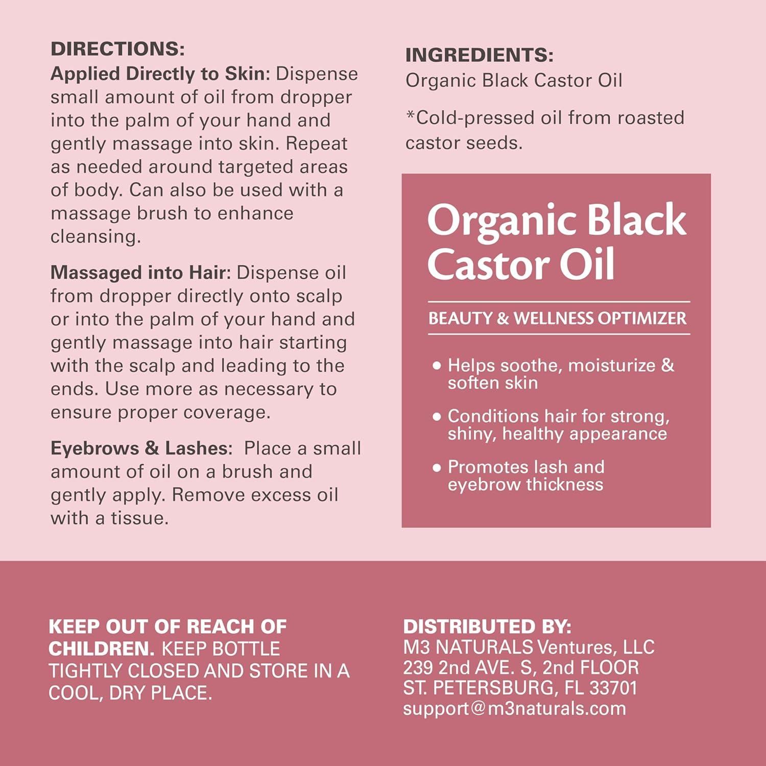 image100 Pure Organic Castor Oil for Hair Lash and Eyebrow Growth Lymphatic Drainage and Skin Hydration HexaneFree Cold Pressed Unrefined in a 4 fl oz Glass Bottle with DropperBlack Castor Oil
