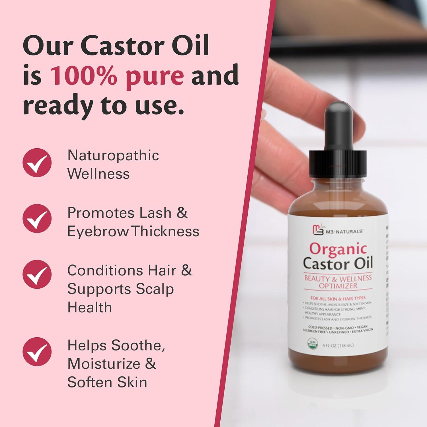 image100 Pure Organic Castor Oil for Hair Lash and Eyebrow Growth Lymphatic Drainage and Skin Hydration HexaneFree Cold Pressed Unrefined in a 4 fl oz Glass Bottle with DropperCastor Oil 4Oz