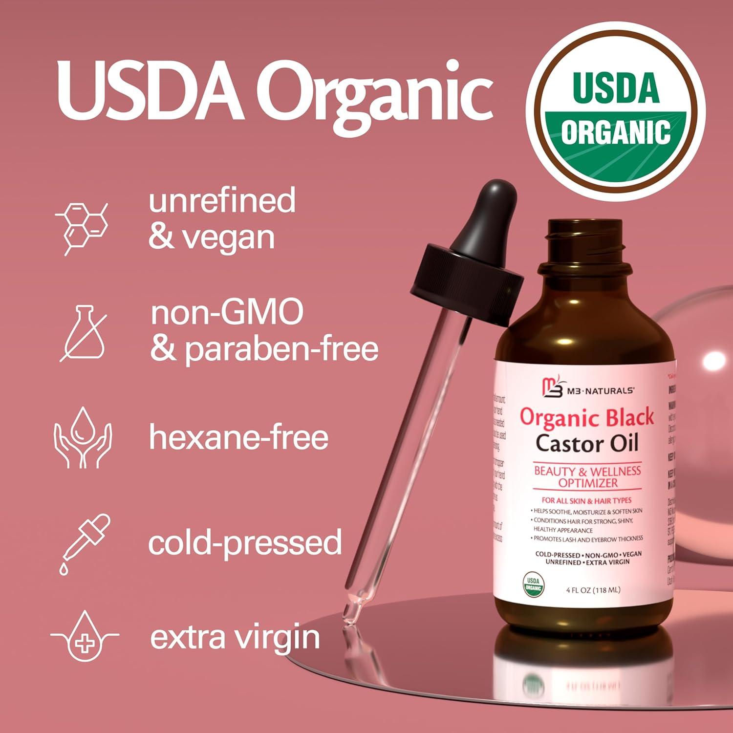 image100 Pure Organic Castor Oil for Hair Lash and Eyebrow Growth Lymphatic Drainage and Skin Hydration HexaneFree Cold Pressed Unrefined in a 4 fl oz Glass Bottle with DropperBlack Castor Oil