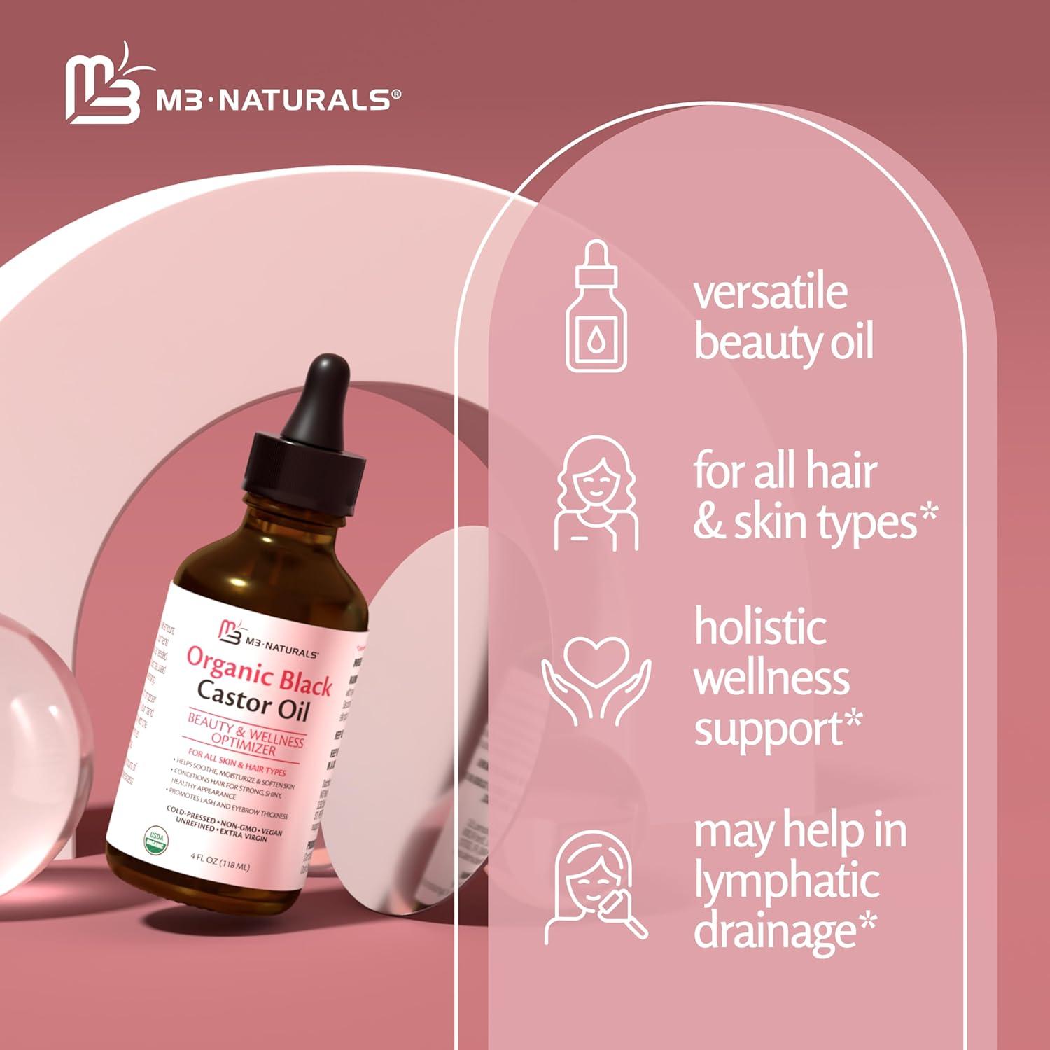 image100 Pure Organic Castor Oil for Hair Lash and Eyebrow Growth Lymphatic Drainage and Skin Hydration HexaneFree Cold Pressed Unrefined in a 4 fl oz Glass Bottle with DropperBlack Castor Oil