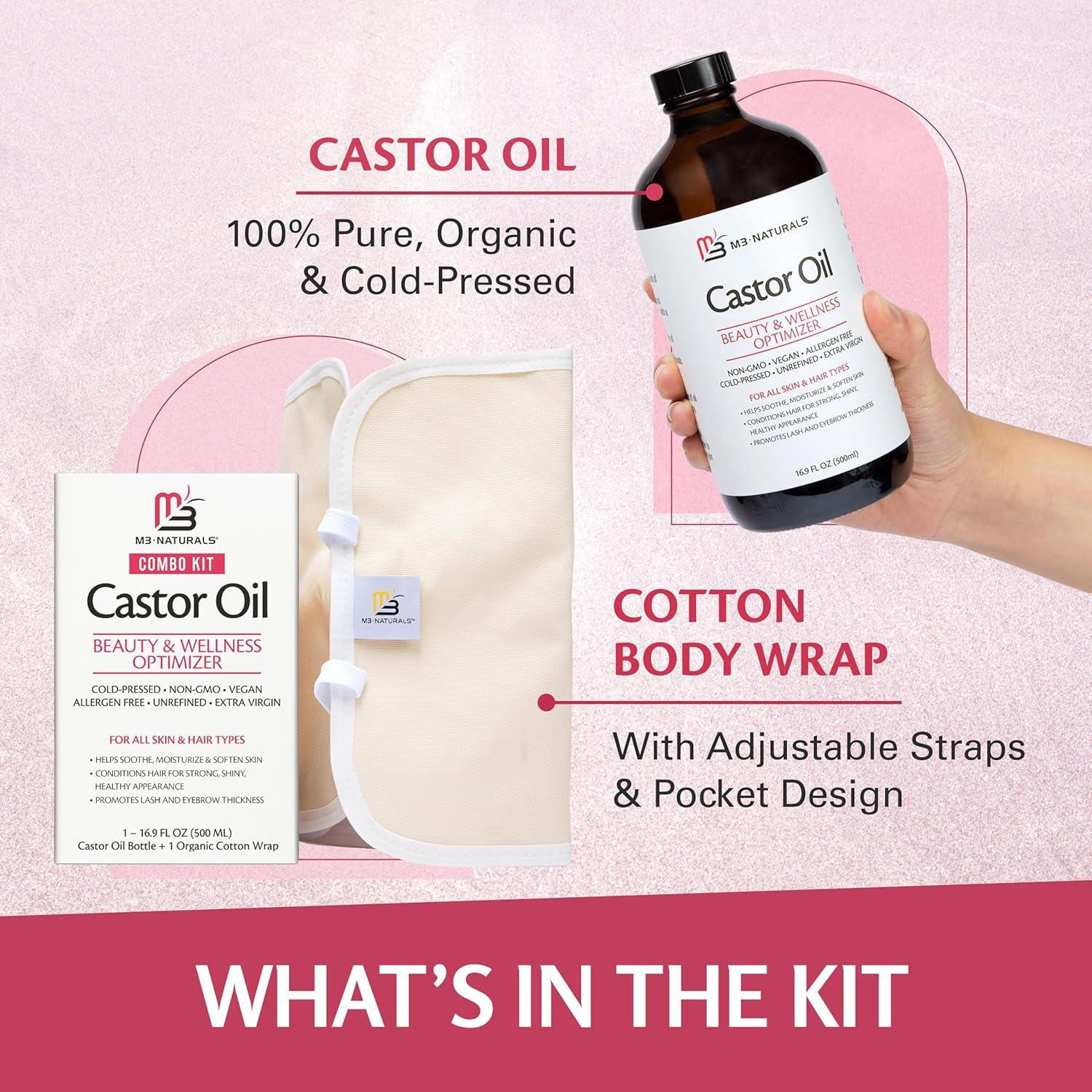 image100 Pure Organic Castor Oil for Hair Lash and Eyebrow Growth Lymphatic Drainage and Skin Hydration HexaneFree Cold Pressed Unrefined in a 4 fl oz Glass Bottle with DropperCastor Oil Wrap Kit