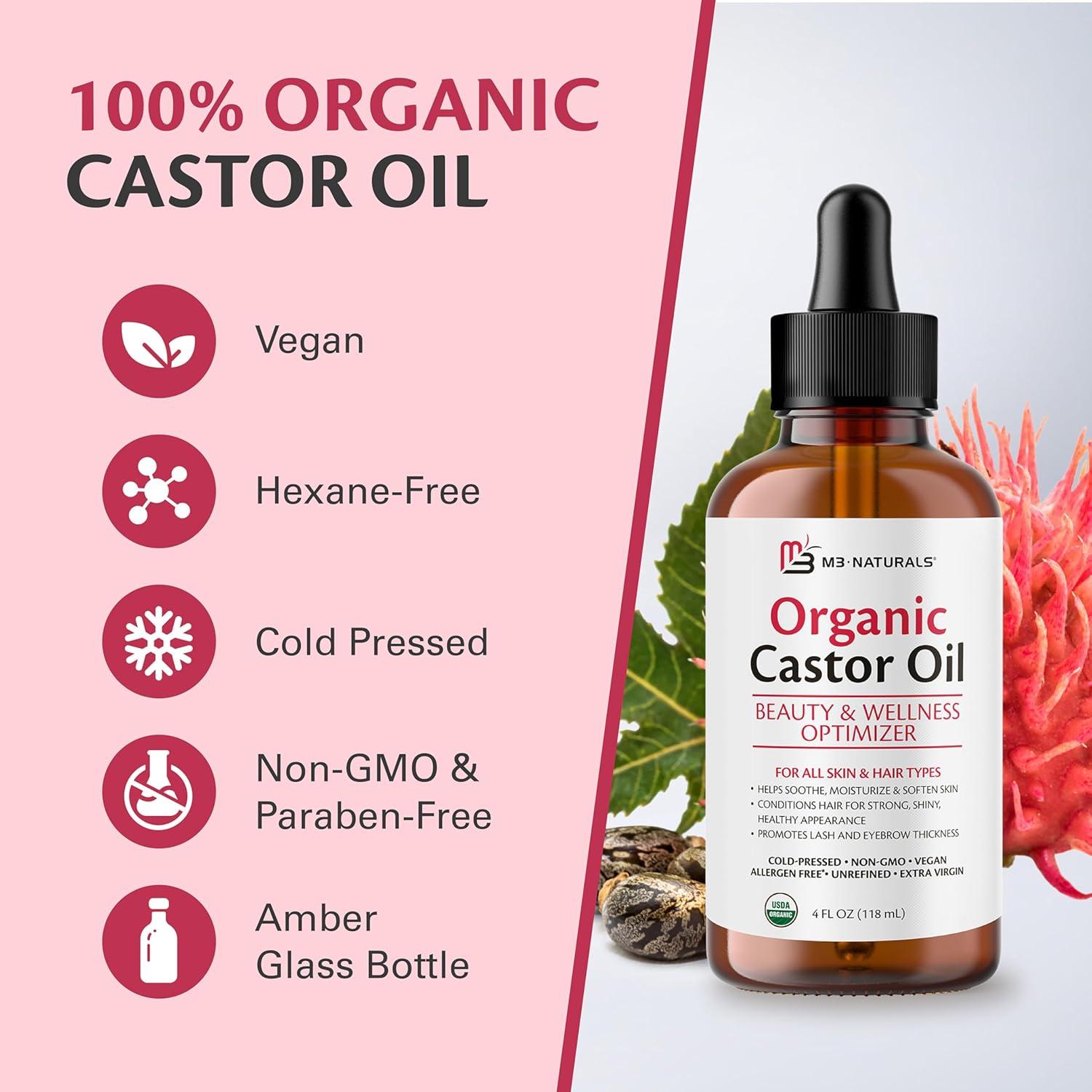 image100 Pure Organic Castor Oil for Hair Lash and Eyebrow Growth Lymphatic Drainage and Skin Hydration HexaneFree Cold Pressed Unrefined in a 4 fl oz Glass Bottle with DropperCastor Oil 4Oz