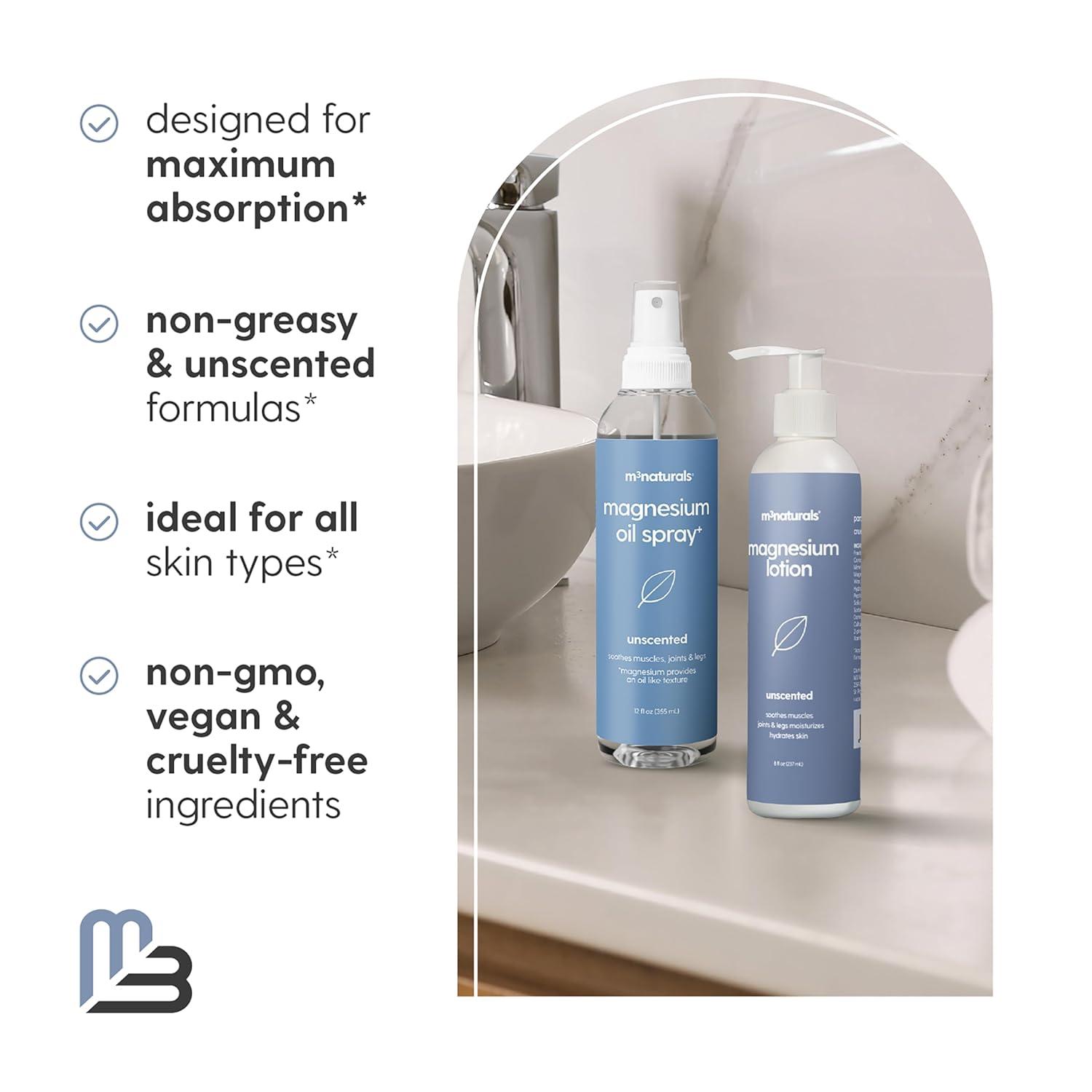 imageM3 Naturals Unscented Magnesium Lotion for Sleep ampamp Leg Cramps Suitable for Sensitive Skin Helps with Muscle Relaxation Soothes Tired Legs ampamp Foot Aches and Supports Restful Nights 8 fl ozMagnesium Lotion and Oil Spray Kit
