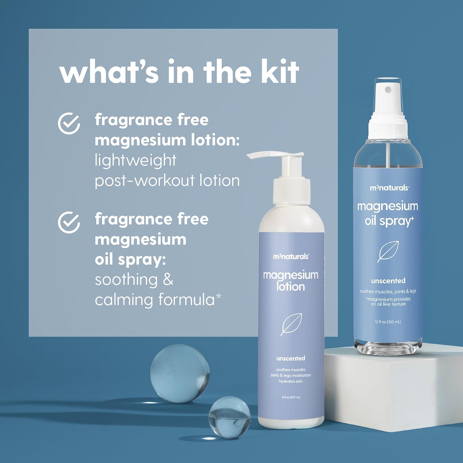 imageM3 Naturals Unscented Magnesium Lotion for Sleep ampamp Leg Cramps Suitable for Sensitive Skin Helps with Muscle Relaxation Soothes Tired Legs ampamp Foot Aches and Supports Restful Nights 8 fl ozMagnesium Lotion and Oil Spray Kit