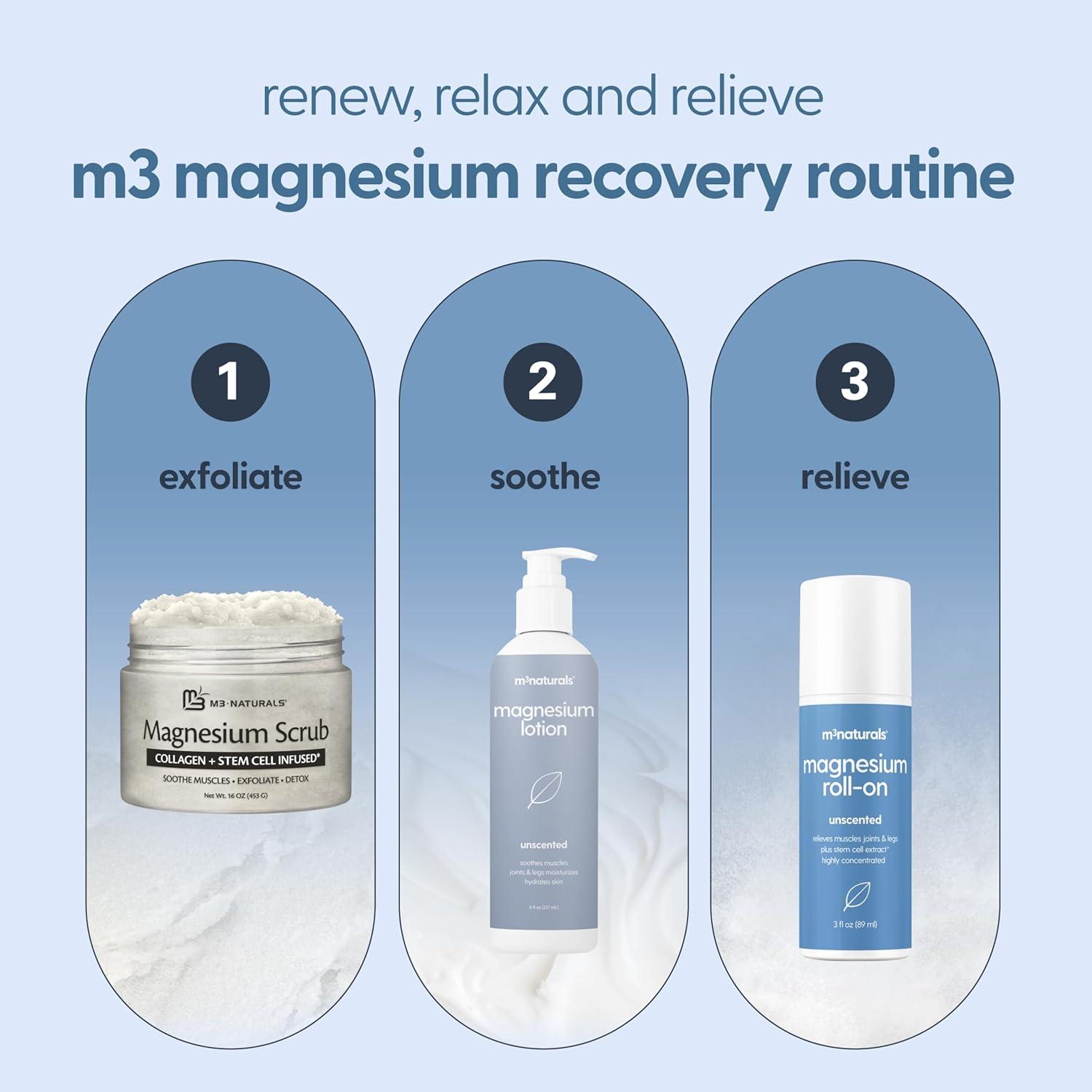 imageM3 Naturals Unscented Magnesium Lotion for Sleep ampamp Leg Cramps Suitable for Sensitive Skin Helps with Muscle Relaxation Soothes Tired Legs ampamp Foot Aches and Supports Restful Nights 8 fl ozMagnesium Roll On