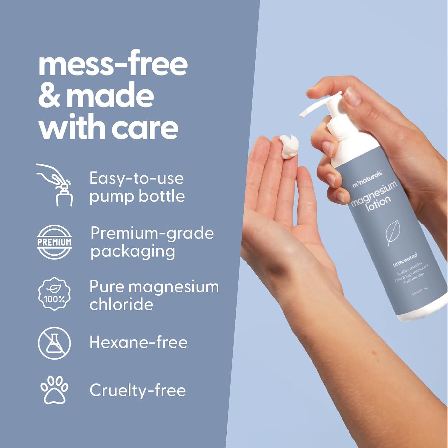 imageM3 Naturals Unscented Magnesium Lotion for Sleep ampamp Leg Cramps Suitable for Sensitive Skin Helps with Muscle Relaxation Soothes Tired Legs ampamp Foot Aches and Supports Restful Nights 8 fl ozUnscented Magnesium Lotion