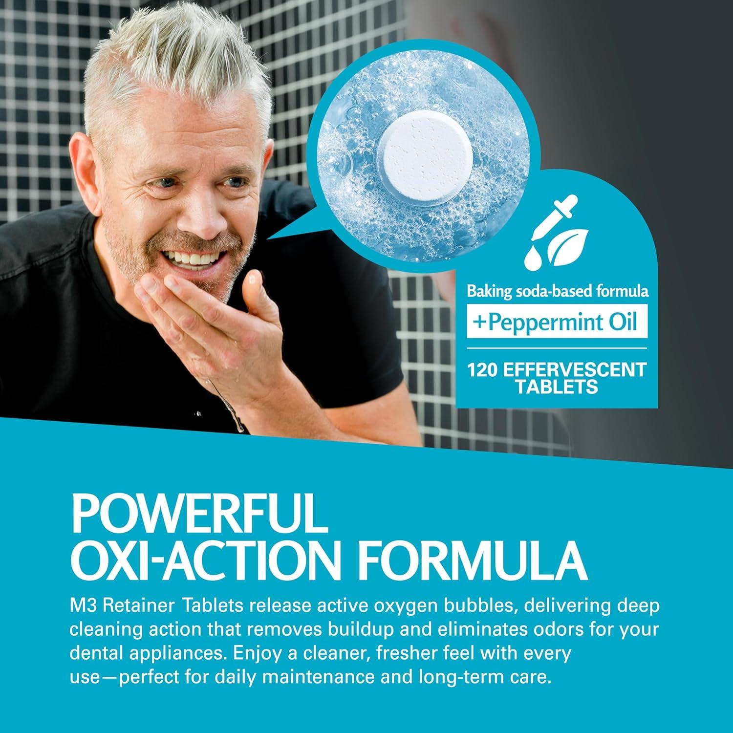 imageRetainer Cleanser Tablets Cleaner Removes Odors Discoloration Stains and Plaque 2 Month Supply Denture Cleansers Retainers Mouth Guards Denture Bath Mint by M3 Naturals120 Count