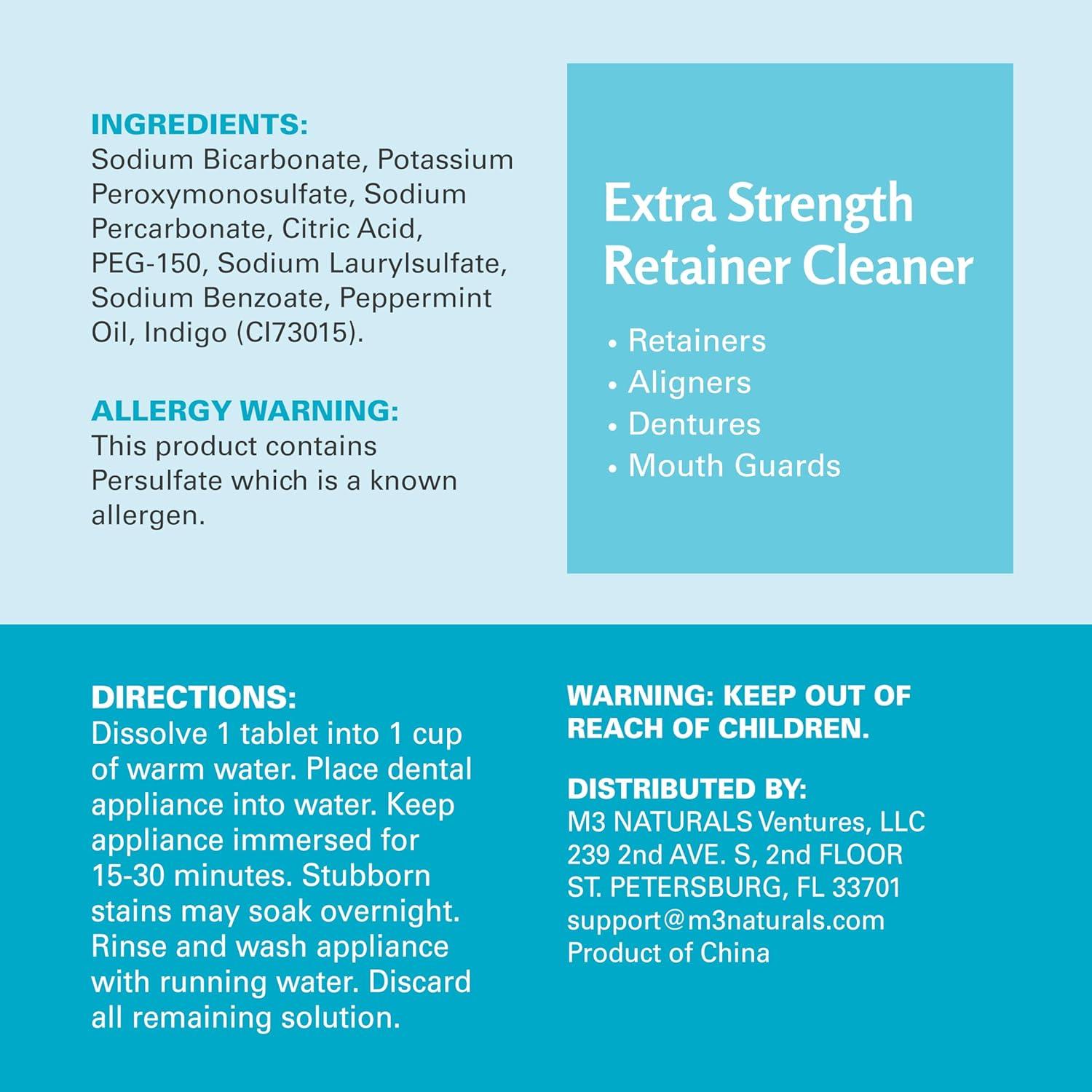 imageRetainer Cleanser Tablets Cleaner Removes Odors Discoloration Stains and Plaque 2 Month Supply Denture Cleansers Retainers Mouth Guards Denture Bath Mint by M3 Naturals120 Count