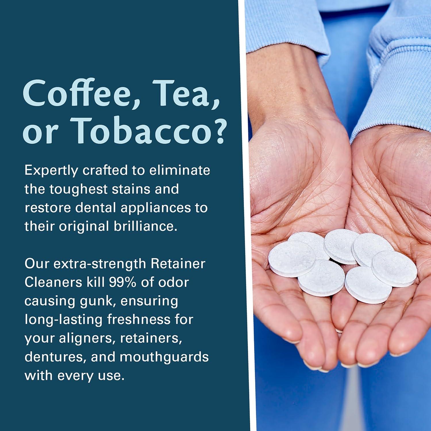 imageRetainer Cleanser Tablets Cleaner Removes Odors Discoloration Stains and Plaque 2 Month Supply Denture Cleansers Retainers Mouth Guards Denture Bath Mint by M3 NaturalsCoffee Tea Retainer Cleaner 120 Count