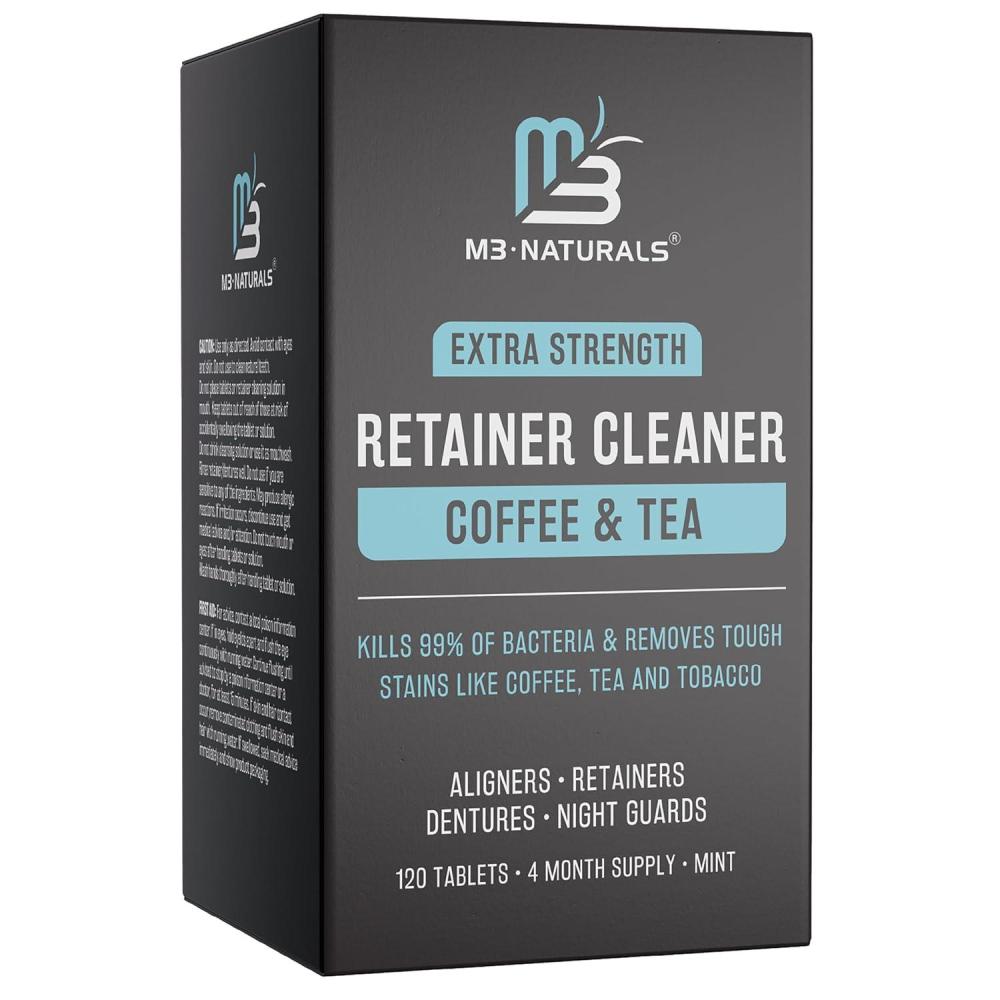 imageRetainer Cleanser Tablets Cleaner Removes Odors Discoloration Stains and Plaque 2 Month Supply Denture Cleansers Retainers Mouth Guards Denture Bath Mint by M3 NaturalsCoffee Tea Retainer Cleaner 120 Count