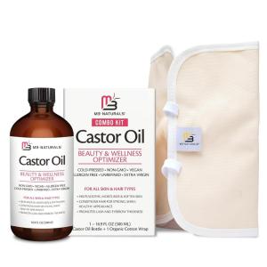 100% Pure Organic Castor Oil for Hair, Lash and Eyebrow Growth, Lymphatic Drainage and Skin Hydration | Hexane-Free, Cold Pressed, Unrefined in a 4 fl oz Glass Bottle with Dropper(Castor Oil Wrap Kit)