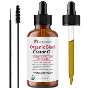 100% Pure Organic Castor Oil for Hair, Lash and Eyebrow Growth, Lymphatic Drainage and Skin Hydration | Hexane-Free, Cold Pressed, Unrefined in a 4 fl oz Glass Bottle with Dropper(Black Castor Oil)