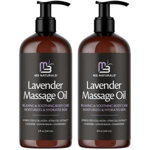 Arnica Sore Muscle Massage Oil with Collagen, Stem Cells, and Menthol, Anti-Cellulite Therapy for Full Body, Fast-Absorbing Multipurpose Treatment, 8 fl oz by M3 Naturals(Lavender Massage Oil (2 Pack))