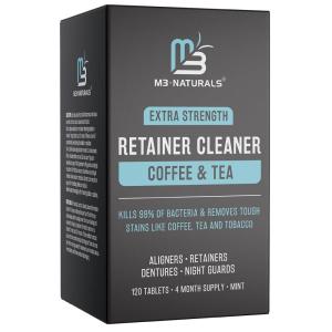 Retainer Cleanser Tablets Cleaner, Removes Odors Discoloration Stains and Plaque 2 Month Supply Denture Cleansers Retainers Mouth Guards Denture Bath Mint by M3 Naturals(Coffee & Tea Retainer Cleaner (120 Count))
