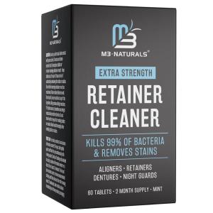 Retainer Cleanser Tablets Cleaner, Removes Odors Discoloration Stains and Plaque 2 Month Supply Denture Cleansers Retainers Mouth Guards Denture Bath Mint by M3 Naturals(60 Count)
